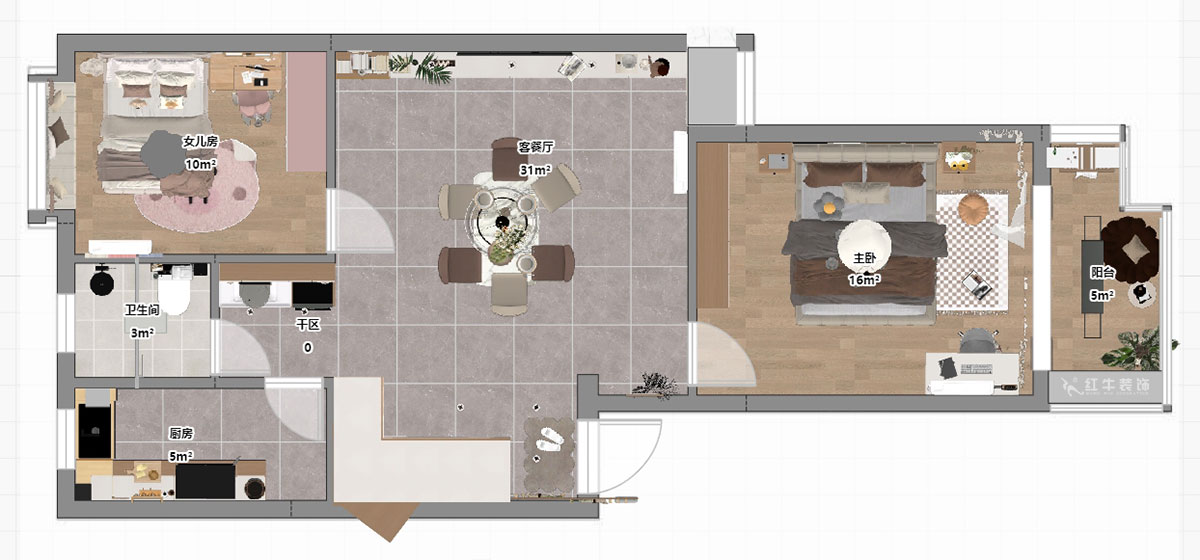 朱明琪｜一品嘉园1-29-606-89㎡-现代简约风格｜2室1厅1卫+阁楼｜老房装修｜定制家｜全包13万｜00_03平面彩图